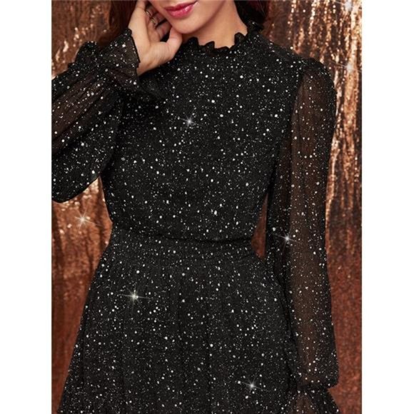 Sparkly High Neck Ruffle Hem Dress- Black - Picture 5 of 6